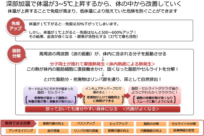 深部加温で体温が3～5℃上昇するから、身体の中から改善していく　体温が上昇することで免疫が高まり、低体温により抱えていた危機を防ぐことができます