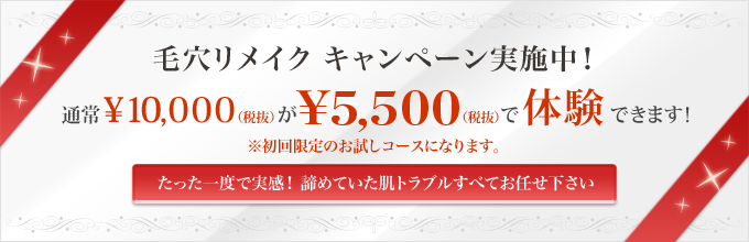 毛穴リメイクキャンペーン実施中！　通常税抜き10000円が5500円で体験できます！